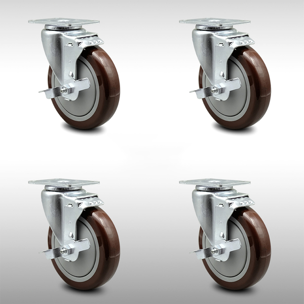 Service Caster 5 Inch SS Maroon Polyurethane Swivel Top Plate Caster Set with Brake SCC SCC-SS20S514-PPUB-MRN-TLB-4